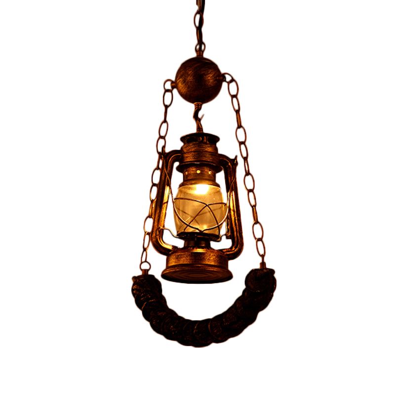 Clear Glass Brass Hanging Lamp Kit Kerosene 1 Head Industrial Style Pendant Lighting with Resin Curved Beam