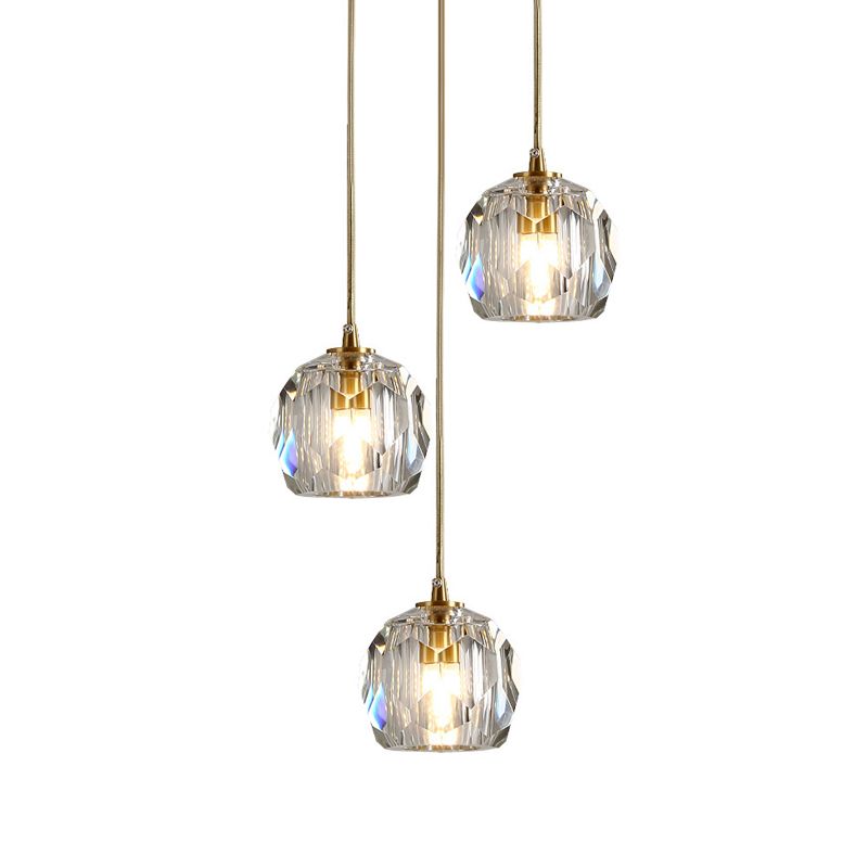 Faceted K9 Crystal Cluster Ball Pendant Stylish Modern 3/6/10-Bulb Brass Ceiling Hang Light for Living Room