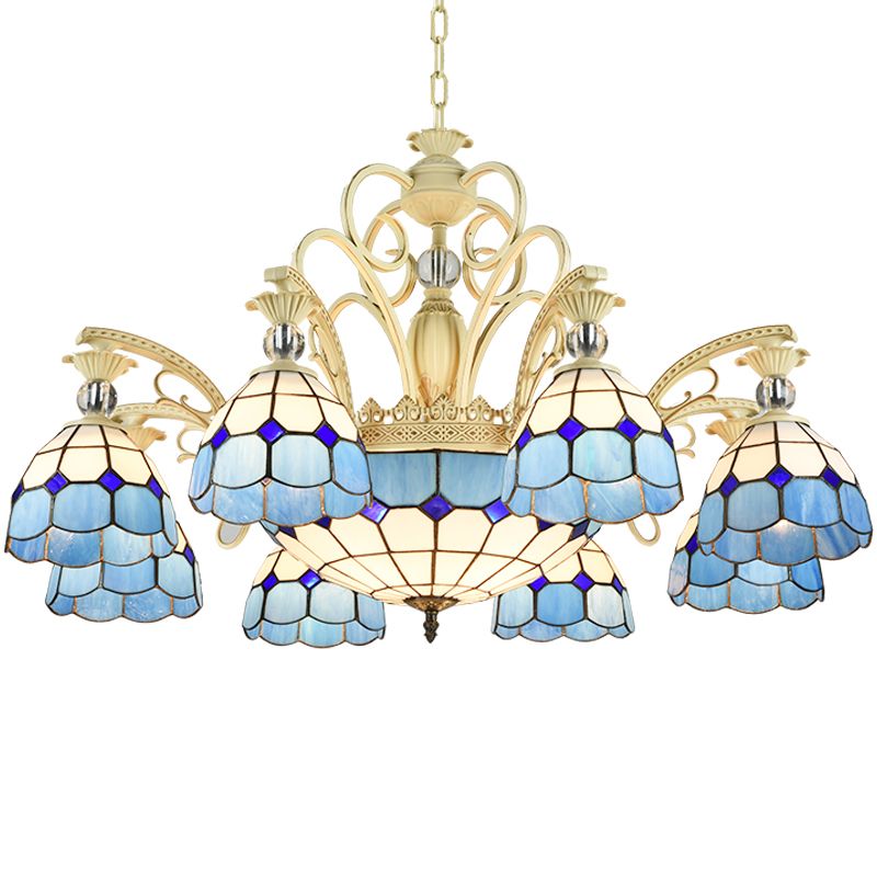 Lattice Motif Tiffany Chandelier with Stained Glass Shade Living Room Restaurant Hanging Pendant Lamp with Crystal Ball Embellishment