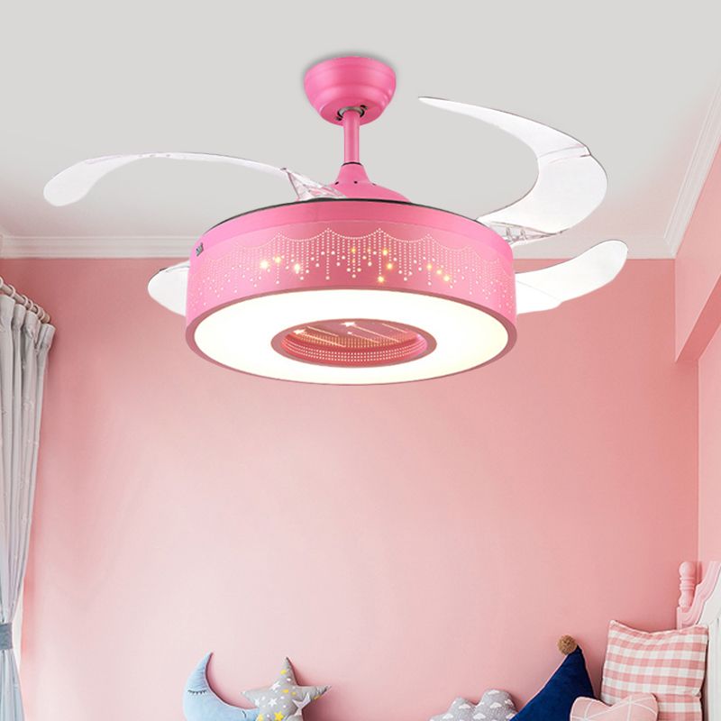 Ring Metal Semi Flush Lighting Kids Pink/Blue Finish 4 Blades LED Pendant Fan Lamp for Bedroom, 42" Wide