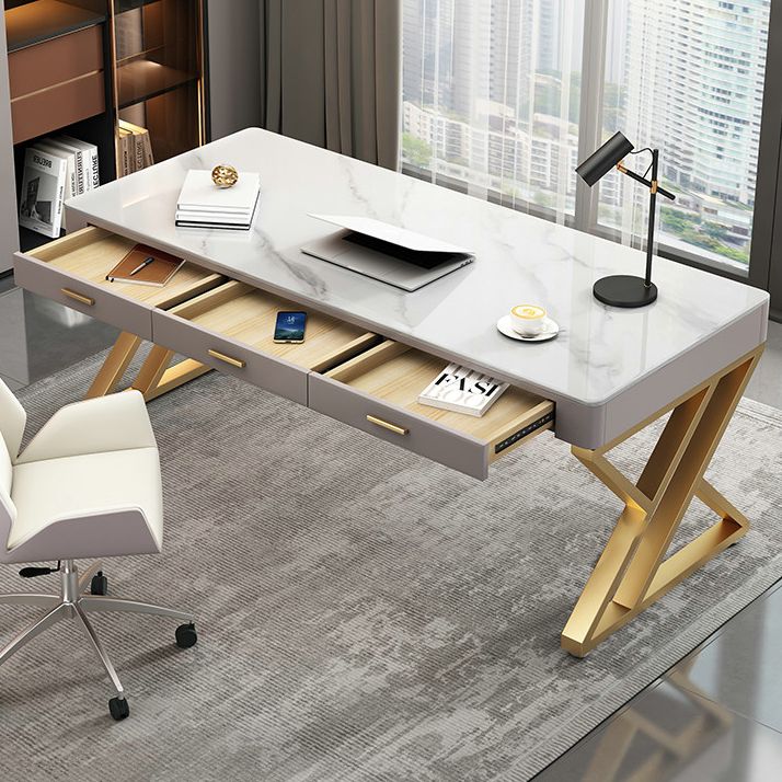 White Glam Writing Desk Rectangular Office Desk with Drawers