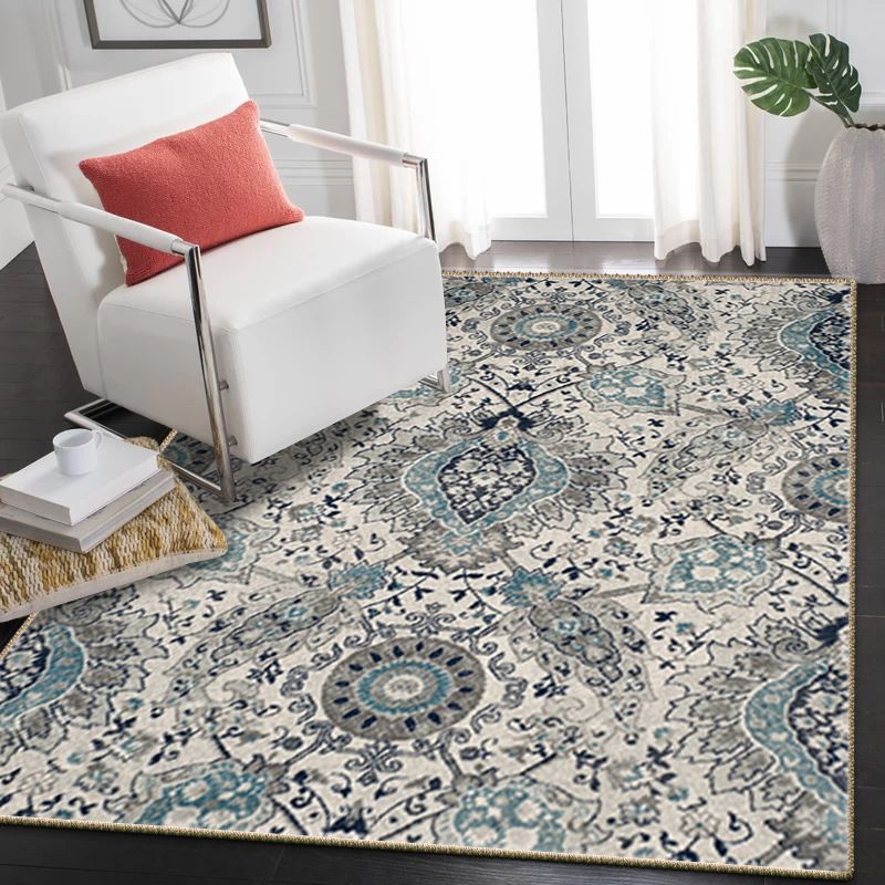 Beige Medallion Rug Polyester Modern Rug Non-Slip Backing Rug for Living Room