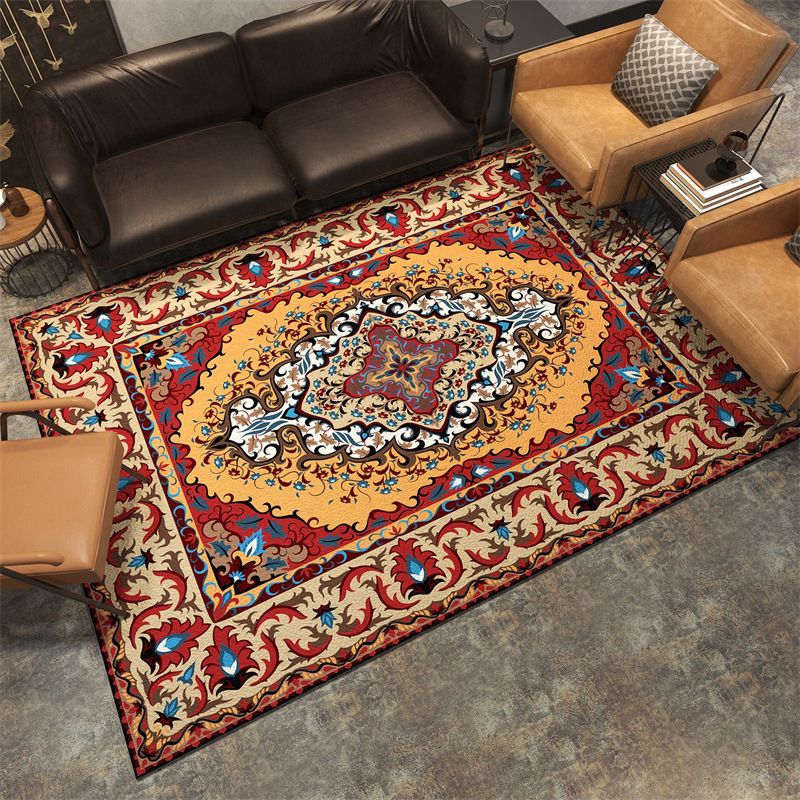 Chic Red Traditional Rug Polyester Tribal Pattern Area Carpet Non-Slip Rug for Home Decor