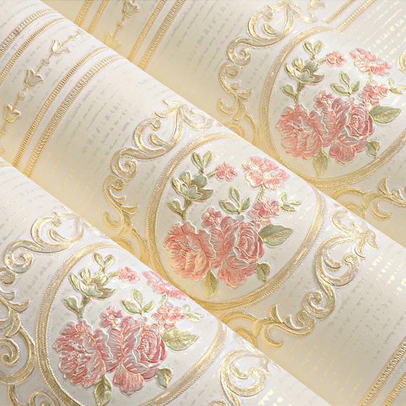 Wall Art Peony and Scroll Soft Color Vintage Non-Woven Wallpaper for Accent Wall