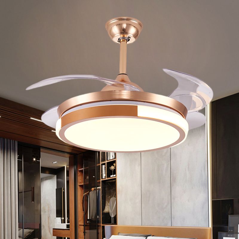 Modernist Round Hanging Fan Light Metallic Living Room LED Semi Flush Mount in Brown/White/Gold with 4 Blades, 42" Wide