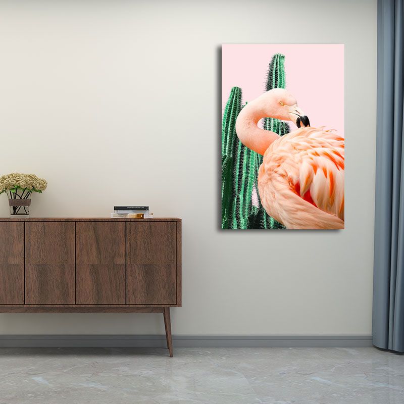 Pink Tropical Canvas Print Flamingo and Cactus Wall Art Decor for House Interior