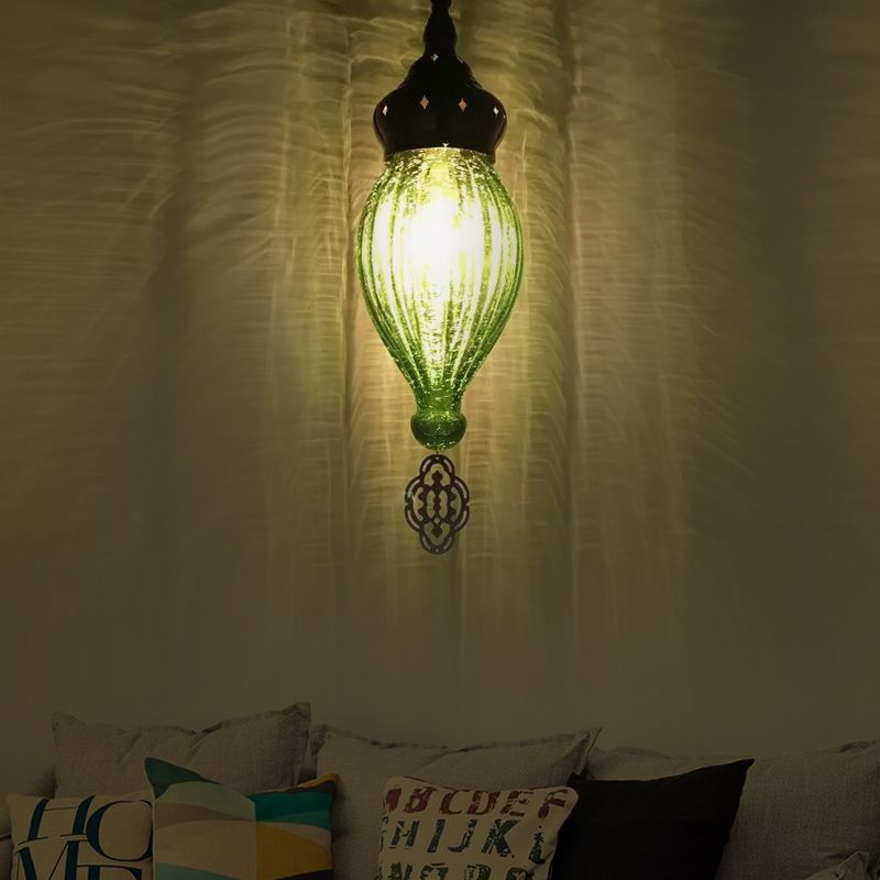 Traditional Droplet Hanging Lamp Blue/Green/Taupe Ribbed Glass 1/4 Bulbs Suspension Light for Bedroom