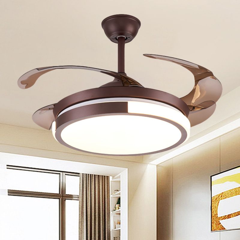 Modernist Round Hanging Fan Light Metallic Living Room LED Semi Flush Mount in Brown/White/Gold with 4 Blades, 42" Wide