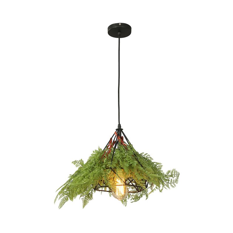 Green 1 Bulb Drop Pendant Industrial Metal Diamond LED Hanging Ceiling Light with Plant for Restaurant