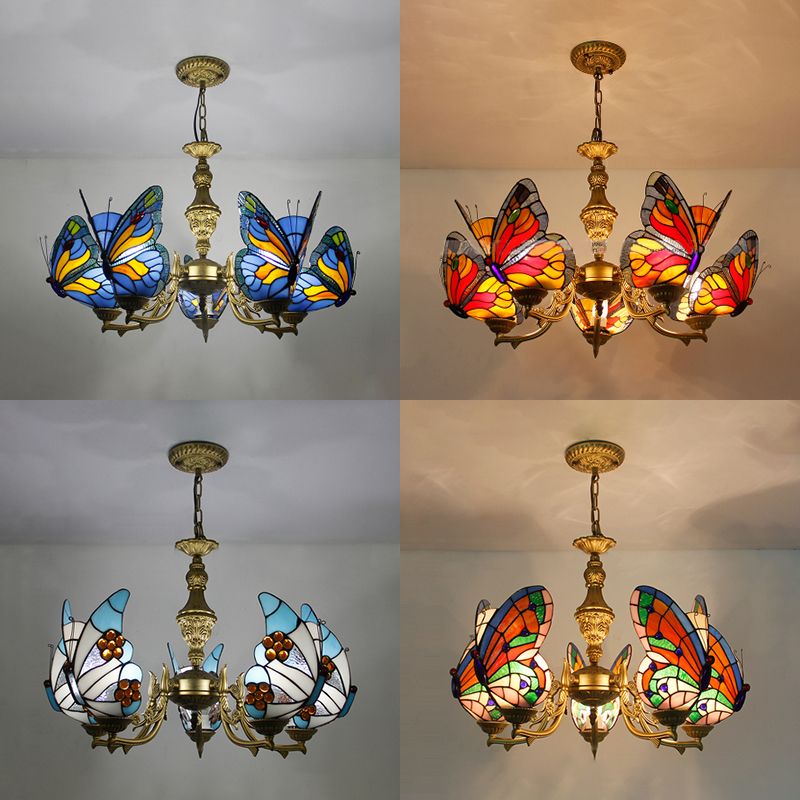 Loft Style Butterfly Ceiling Light Fixture with Adjustable Chain Stained Glass Foyer Pendant Light in White/Red/Blue/Orange-Green