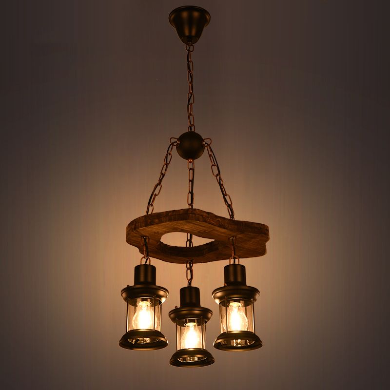 3-Light Clear Glass Chandelier Farm Style Brown Lantern Restaurant Suspension Pendant Light