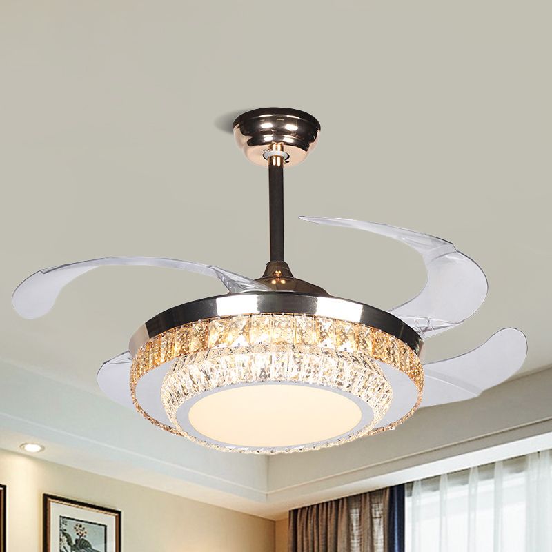 42 "brede LED Semi Flush Contemporary Round Round Round-rechthoekige kristallen 4 Blades Hangdanger ventilatorlamp in zilver