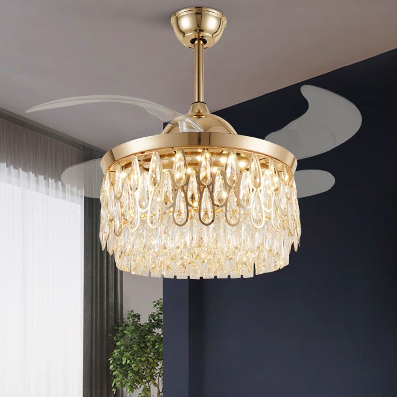 Luz de ventilador de techo de cristal escalonado moderno de 19 "W LED Gold Semi Flush Monte con 4 cuchillas para sala de estar