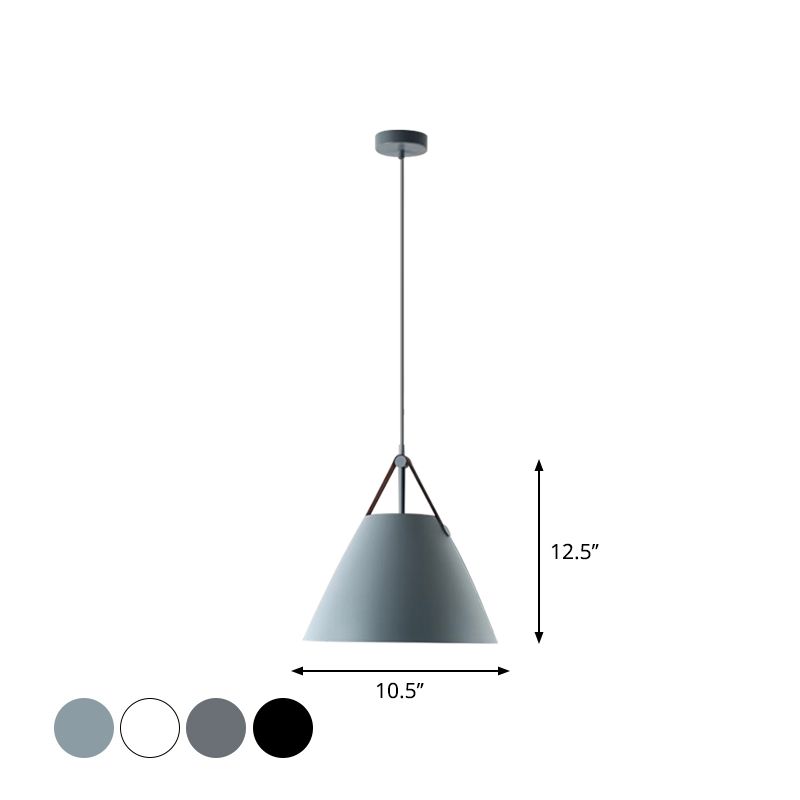 10.5"/14" W Nordic Single Ceiling Pendant Grey/White/Black Frustum Hanging Lamp with Metal Shade and Leather Strap