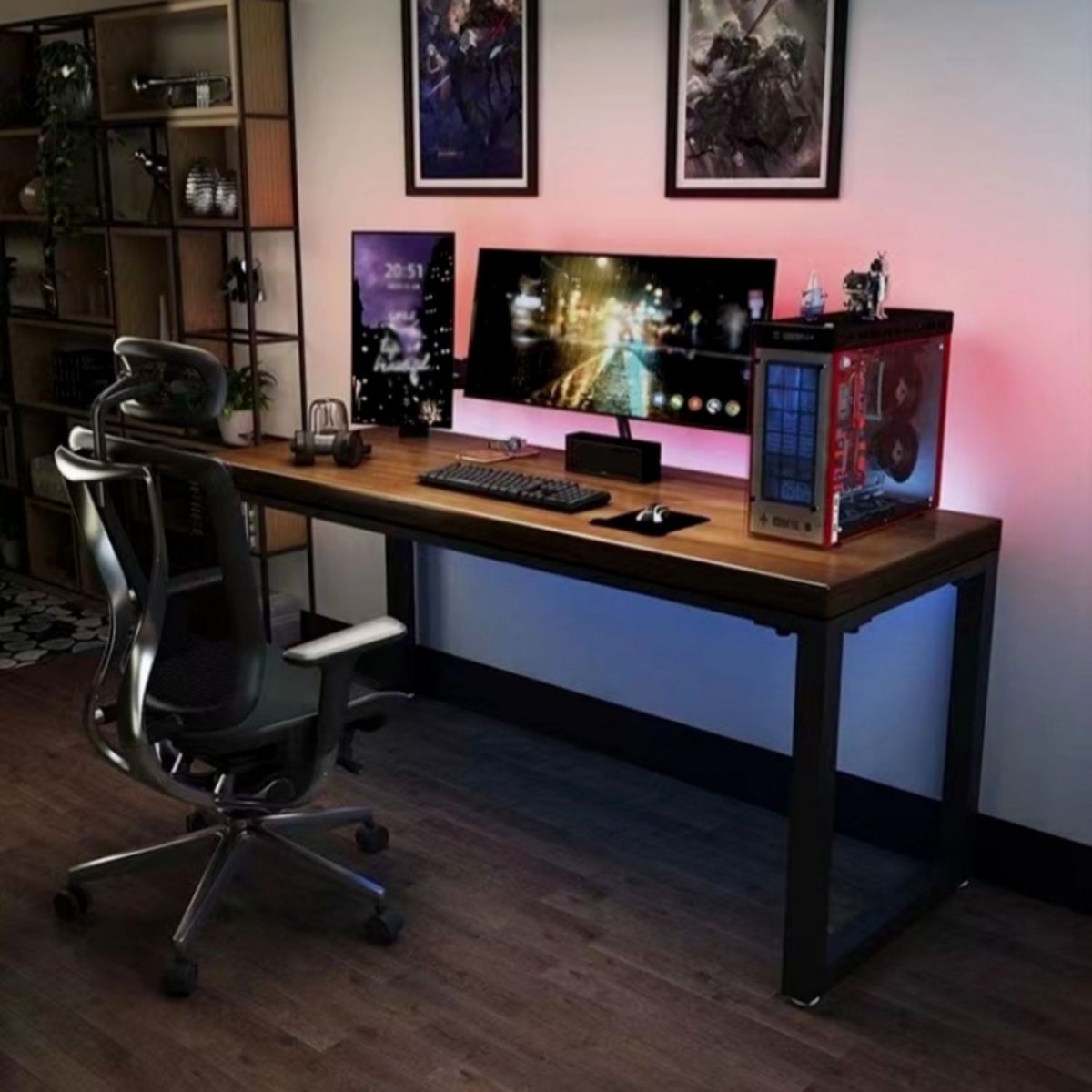 Modern Style Rectangular Writing Desk with Solid Wood Top and Black Iron Legs