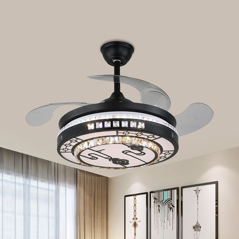 4 Blades LED Round Semi Flush Modern Black Finish Clear Square Crystals Hangende ventilatorlicht, met Chinese knoop/bloem/half cirkelvormig patroon, 19 breed