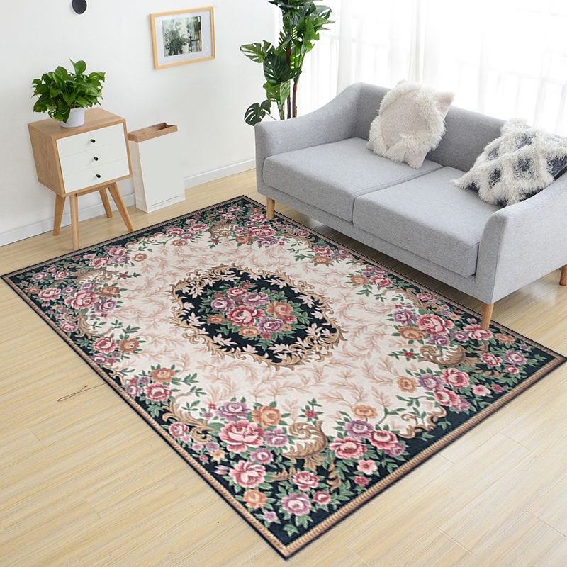 Luxurious Blossom Pattern Alfombra con hojas de alfombra multicolor Vintage Polyéster lavable para mascotas RUG de área antideslizante para salón para salón