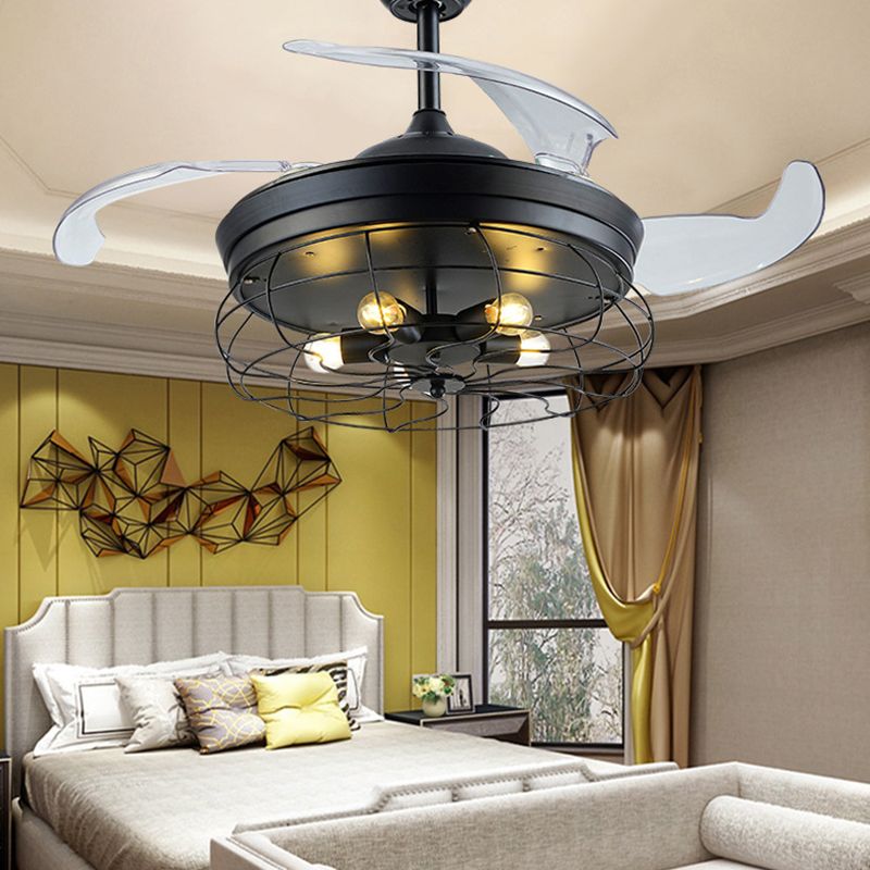 Metal Caged Pendant Fan Lamp Modernism 20" Wide 5 Lights Semi Flush Ceiling Light in Black with 4 Blades