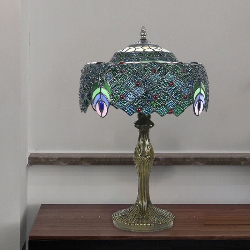 1 Bulb Night Table Lamp Baroque Drum Cut Glass Nightstand Light in Blue with Peacock Feather Pattern