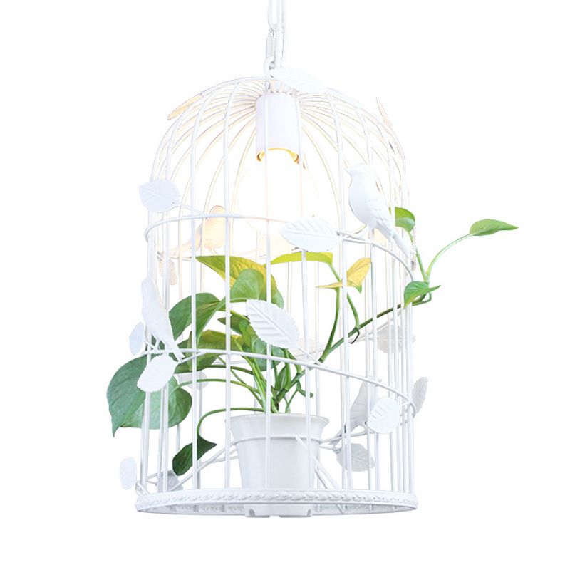 Vintage Bird Cage Ceiling Lamp 1 Bulb Iron Pendant Light in White with Potted Plant Design