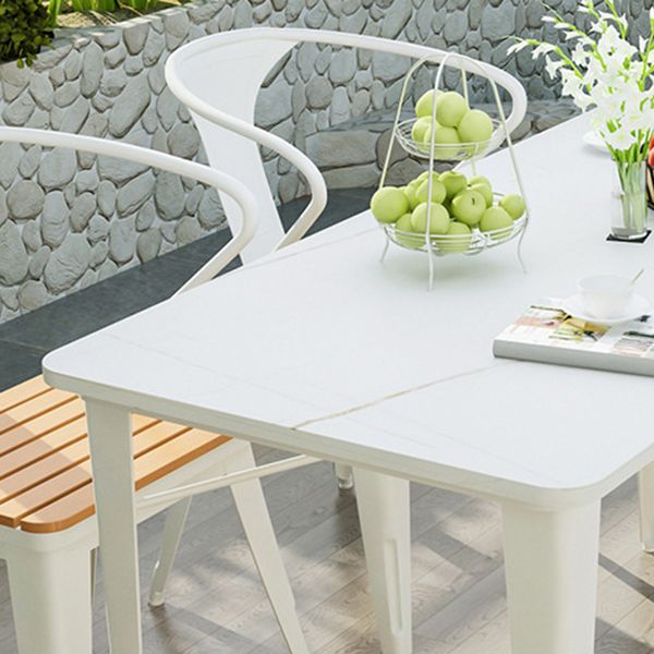 Outdoor Stone Top and Iron Frame Patio Table Contemporary Dining Table in White and Black