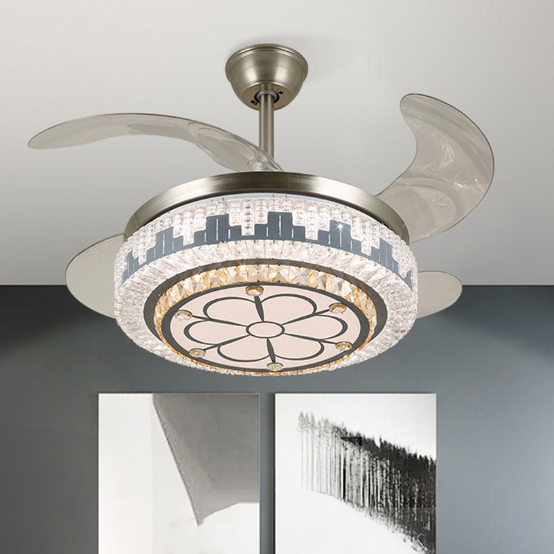 LED Circular Semi Flush Modern Stainless-Steel Clear Crystal Blocks 4 Blades Pendant Fan Light, 19" Wide