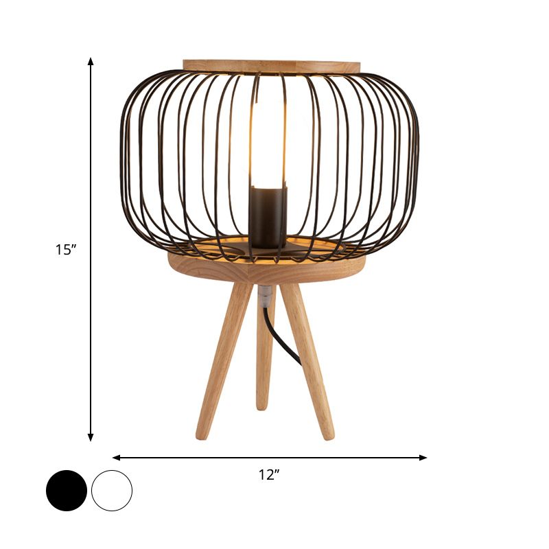 Drum Cage Iron Table Light Modernist 1 Head White/Black Finish Desk Lamp with Wood Tripod Base