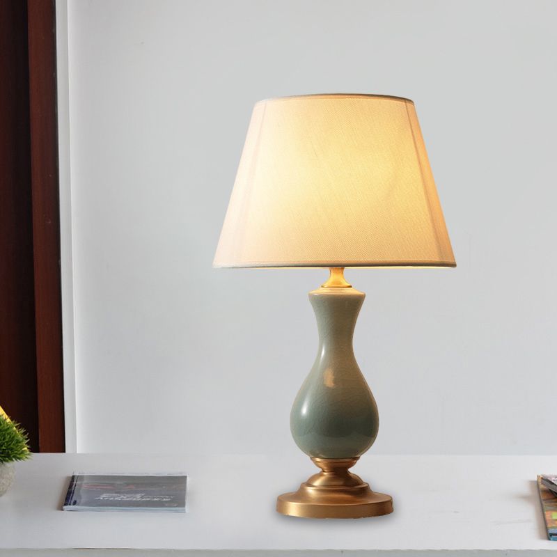 Fabric White Reading Lamp Tapered Single Light Antiqued Night Light with Green Gourd Decor