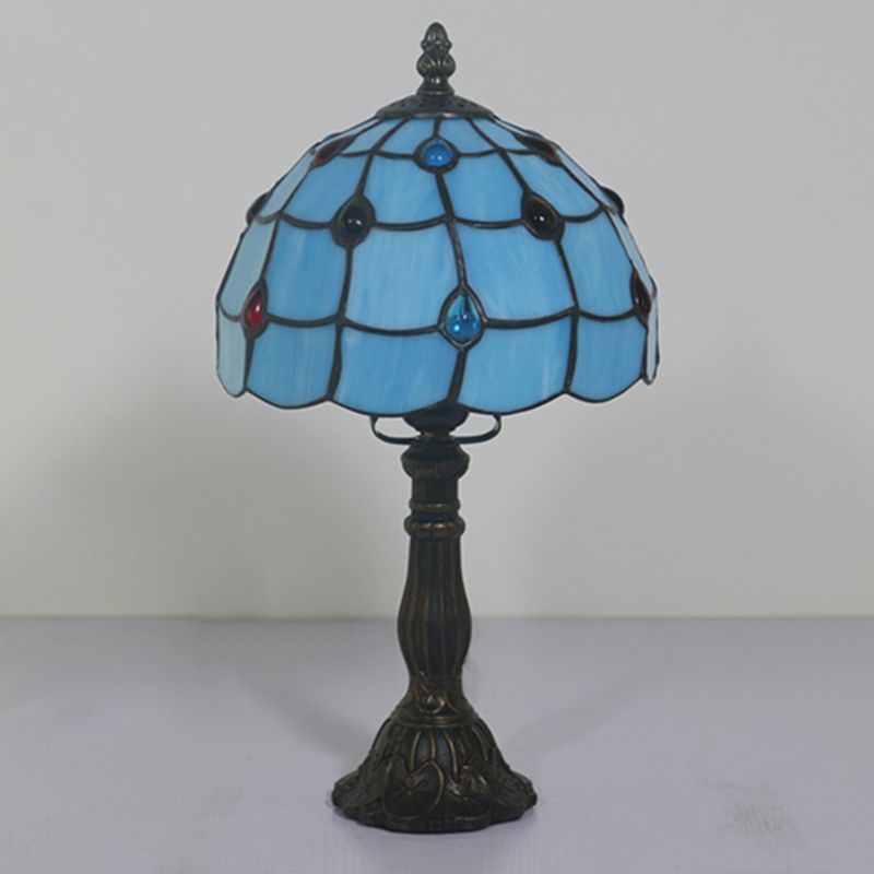 Blue Glass Lattice Bowl Table Lighting Mediterranean 1 Head Bronze Gem Patterned Desk Lighting for Bedroom