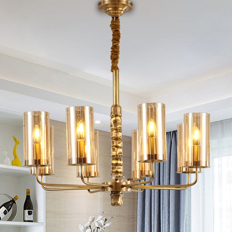 Gold 8 Heads Chandelier Lighting Colonialism Clear Glass Cylinder Pendant Ceiling Light