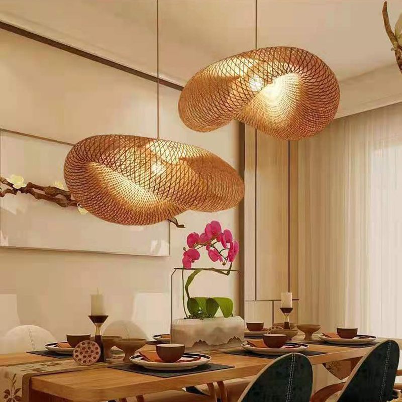 Japanese Pendulum Light Dome Rattan 1-Light Hanging Ceiling Light for Tea Room