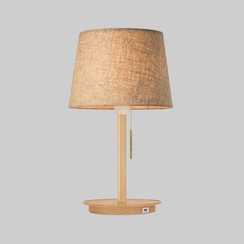 Fabric Flared Task Light Modern 1 Bulb Nightstand Lamp in Flaxen with Pull Chain