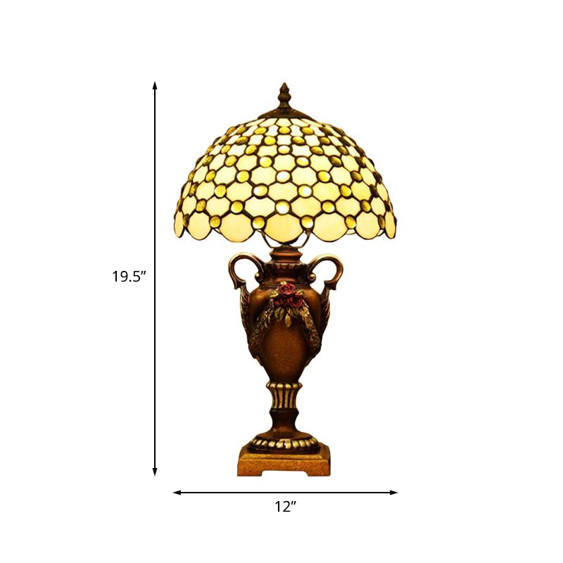 Beige Glass Bronze Desk Light Beaded 1-Head Mediterranean Table Lighting with Vase Base for Bedroom