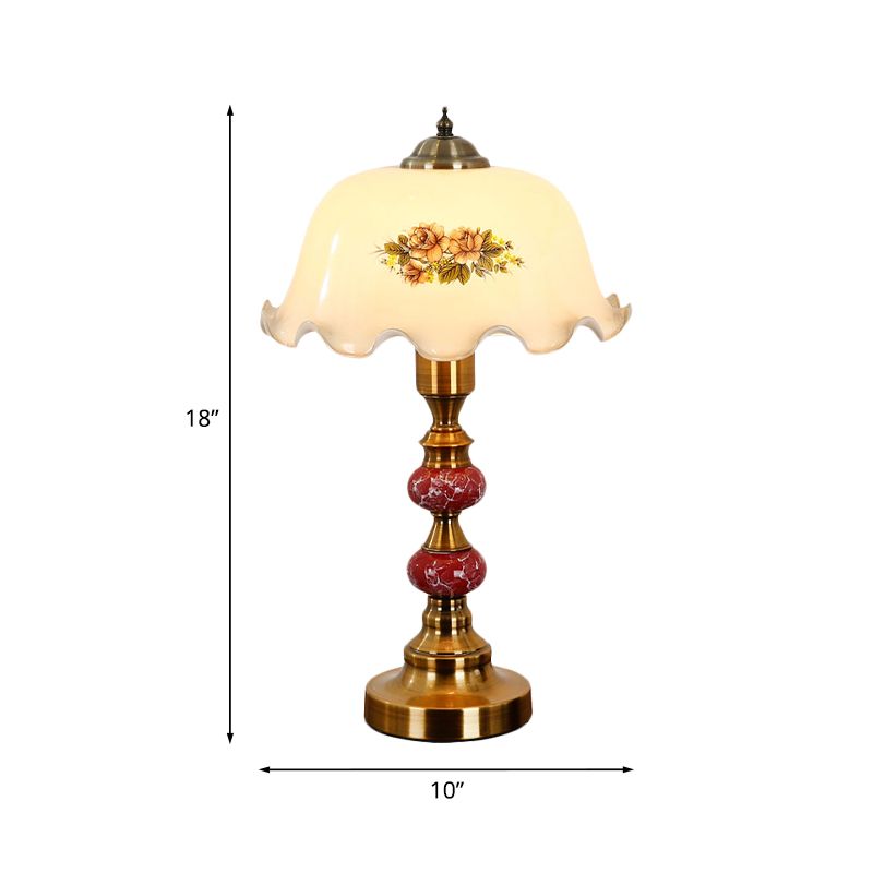 1-Head Scalloped Table Lamp Countryside Scalloped White Printed Flower glass Nightstand Light in Brushed Brass