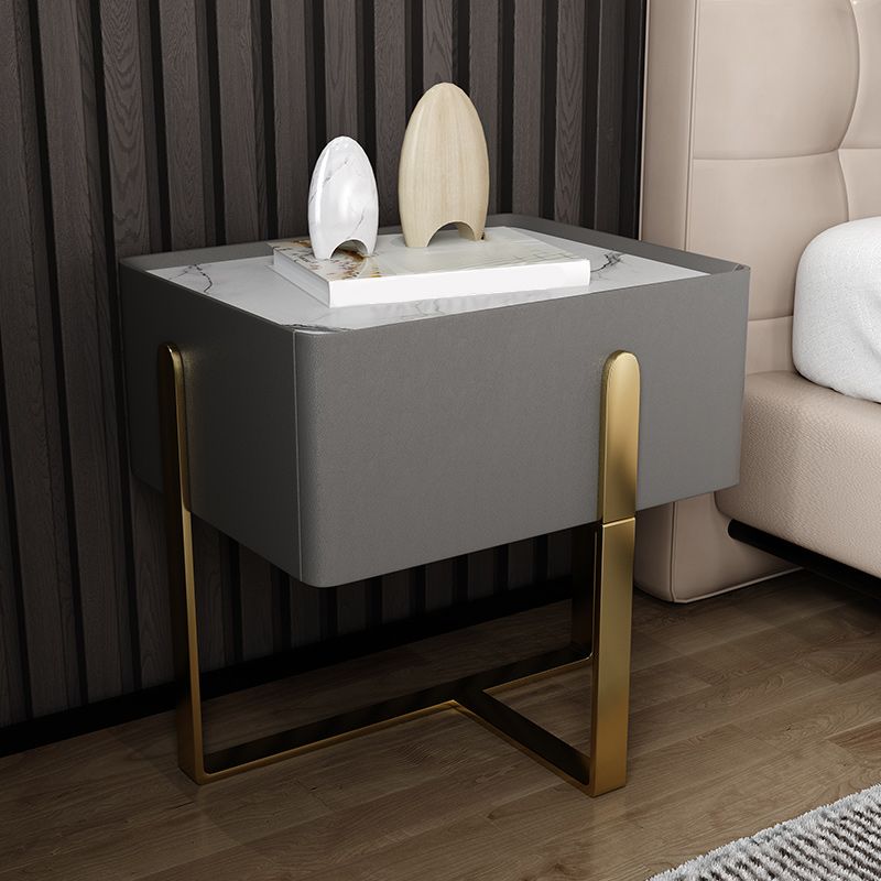 Glam Leather Nightstand Stone Top One-Drawer Night Table with Metal Frame