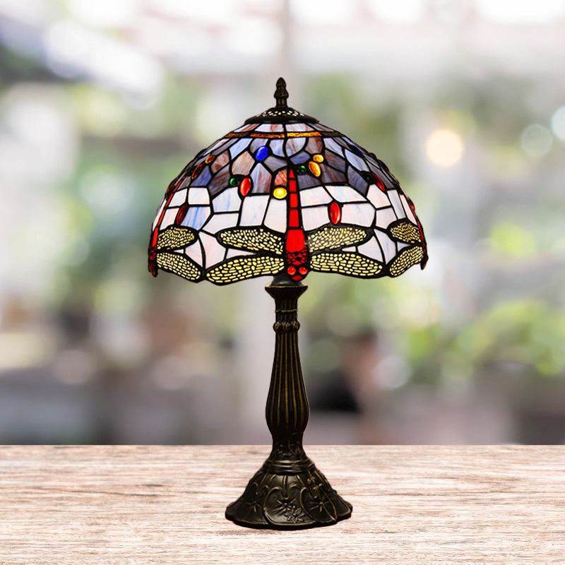 Dragonfly Table Light 1-Head Stained Art Glass Tiffany Night Lamp in White/Yellow/Orange for Living Room