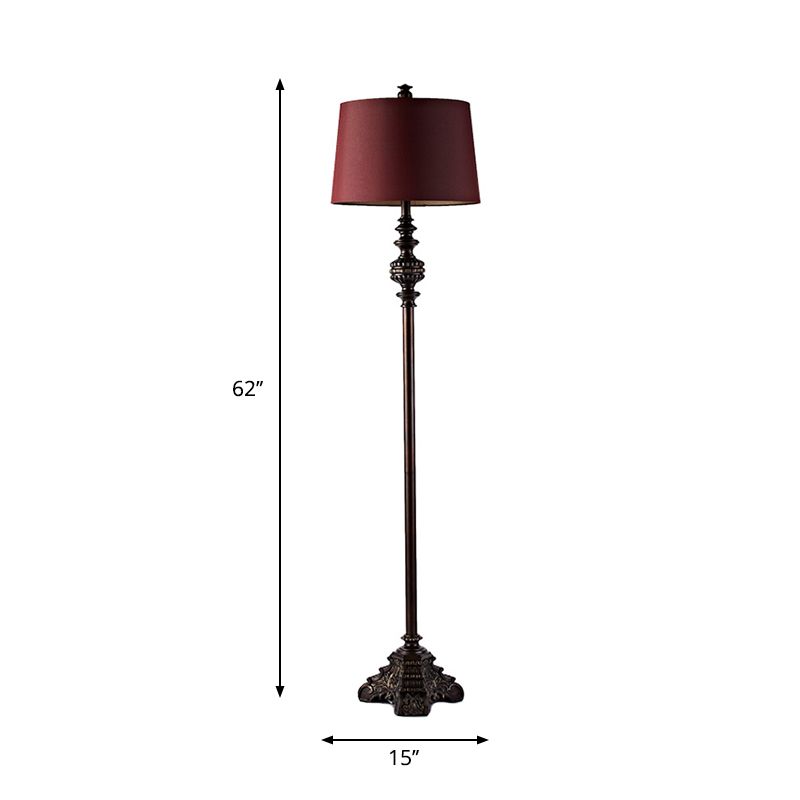 1 Bulb Standing Light with Barrel Shade Fabric Vintage Style Living Room Floor Lamp in Red