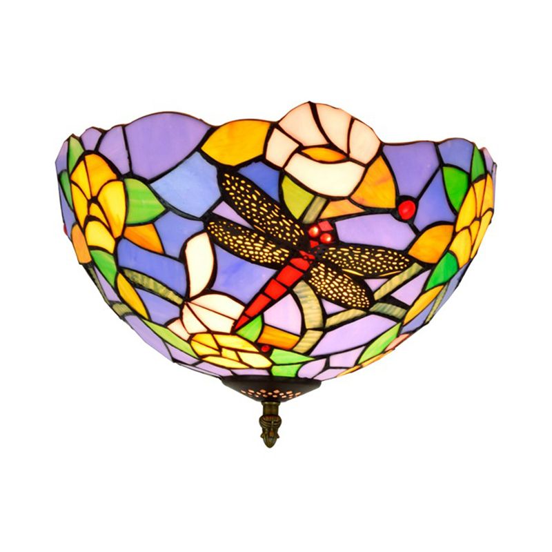 Tiffany Dragonfly Flush Mount Recessed Verlichting 2 Lampen Handcrafted Gekleurd Glas Dicht aan plafond lamp in Brass