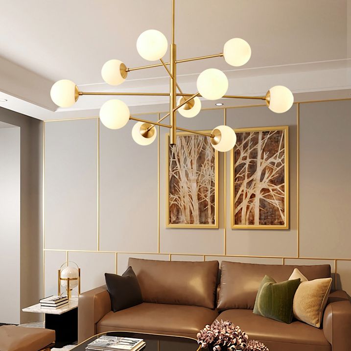 Lustre suspendu post-moderne Light Satin Opal Verre Plafond Chandelier en or pour le salon