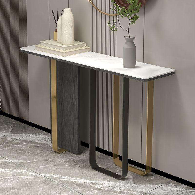 White Slate Console Table Glam Rectangle Console Sofa Table with Legs for Hall