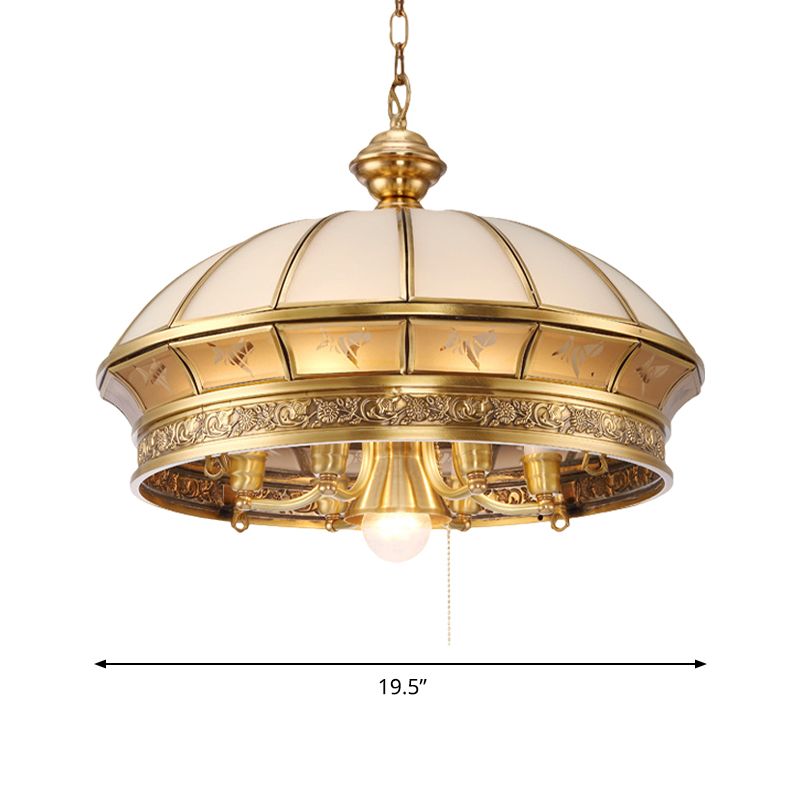 7 Lights Frosted Glass Chandelier Lighting Colonial Brass Domed Living Room Hanging Light Kit