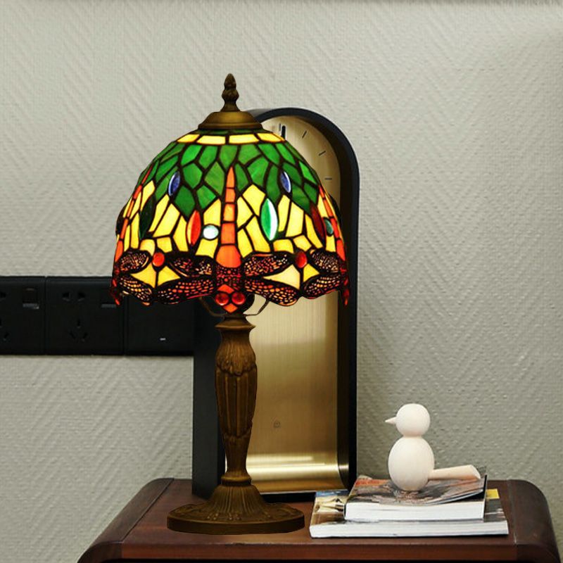 1-Light Bowl Night Lamp Mediterranean Orange/Blue/Green Cut Glass Dragonfly Patterned Desk Lighting for Coffee Shop