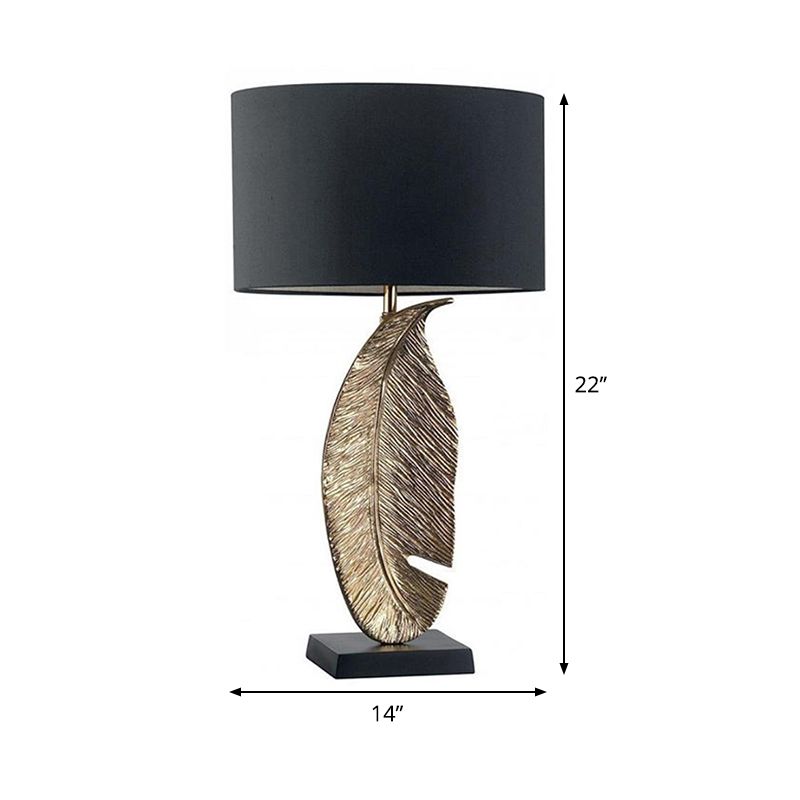 1-Light Bedroom Night Lighting Post-Modern Black Fabric Table Lamp with Leaf-Shaped Metal Base