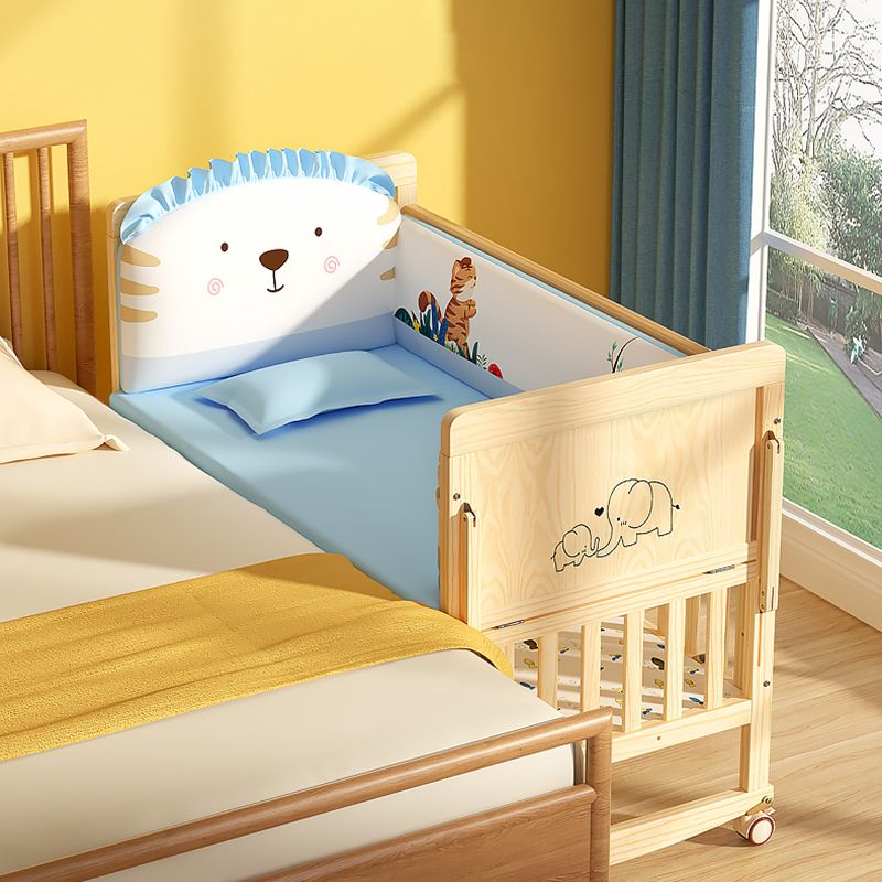 Contemporary Natural Toddler Bed Solid Wood Baby Bed with Wheels