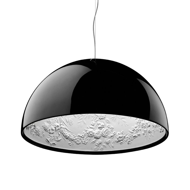 Hemispherical Resin Pendulum Light Industrial 16"/23" W Single Living Room Pendant Lamp in Black/White with Carved Rose Inside