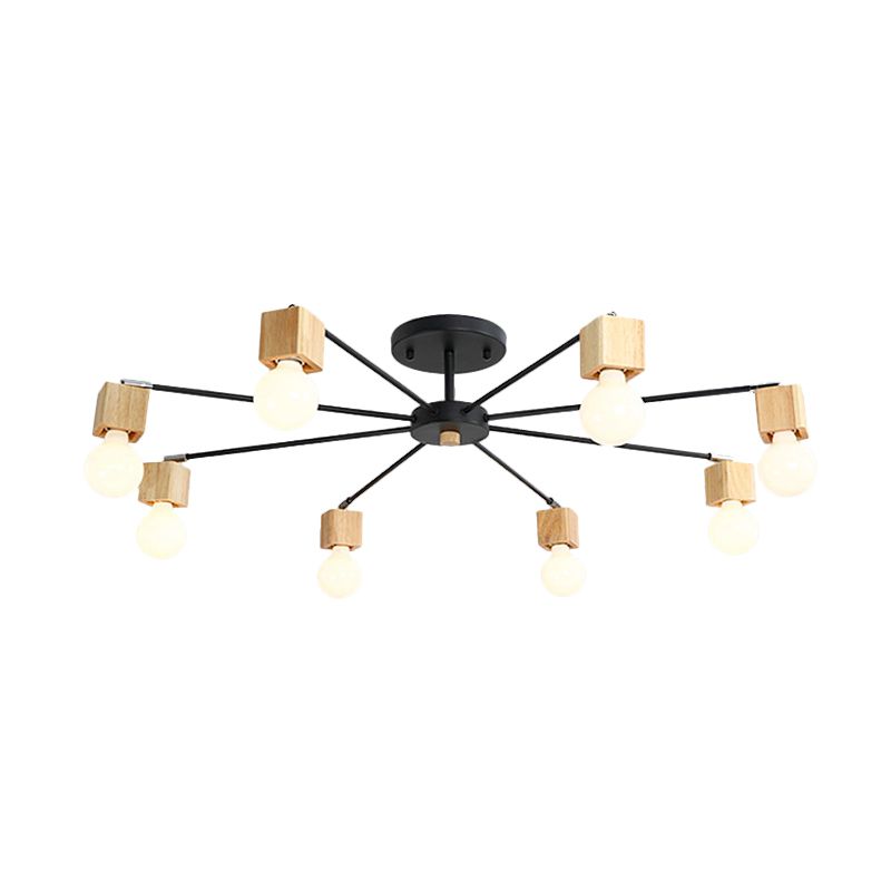 Metal Radial Flush Lamp Contemporary 8-Light Semi Flush Ceiling Light in Black with Cube Wood Cap