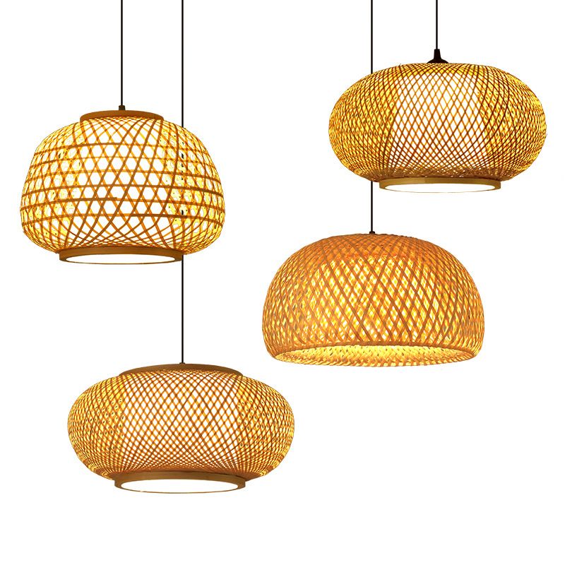 Brown Drum Pendant Light in Asian Creative Style Wrought Iron Hanging Lamp with Bamboo Weaving Shade