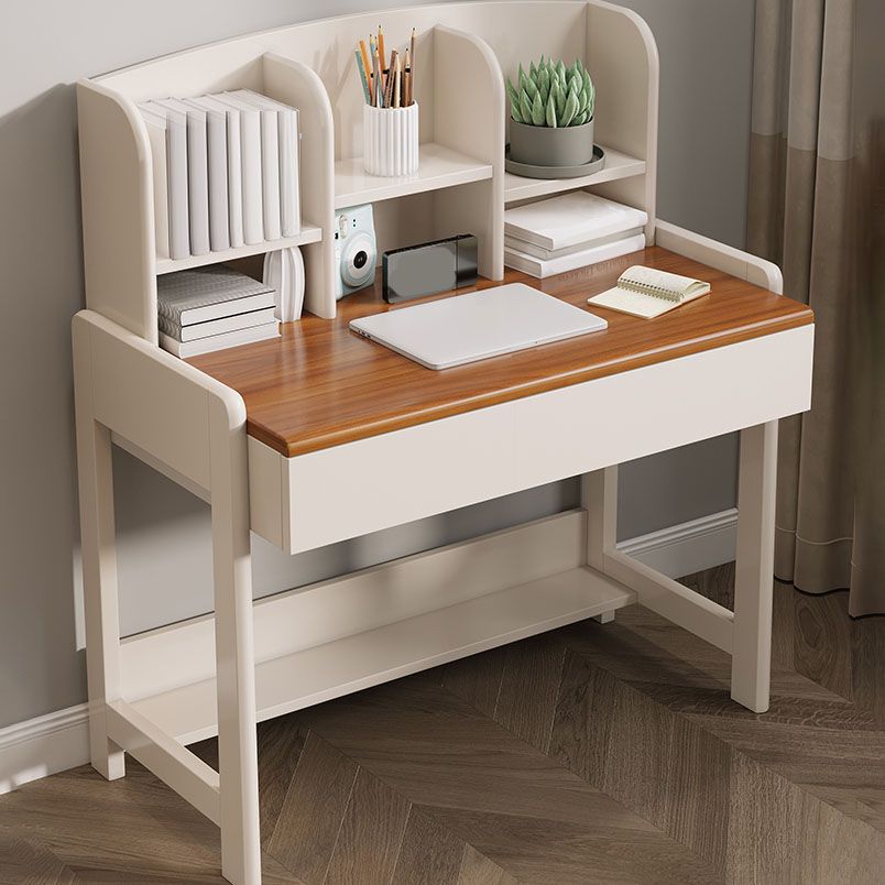 Contemporary White Writing Desk with Brown Top and 2 Drawers