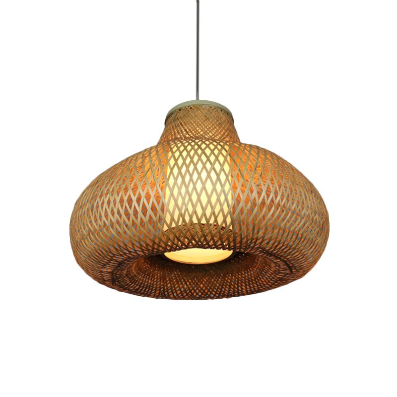 Gourd Shape Bamboo Pendant Light Chinese 1-Light Beige Hanging Light for Restaurant Hotel