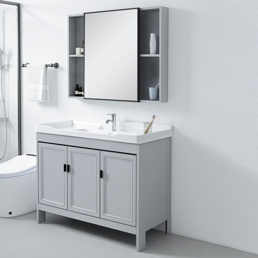 Vanity Glam Mirror Single Sink Metal Frame Freestanding Grey Faucet Vanity with Doors